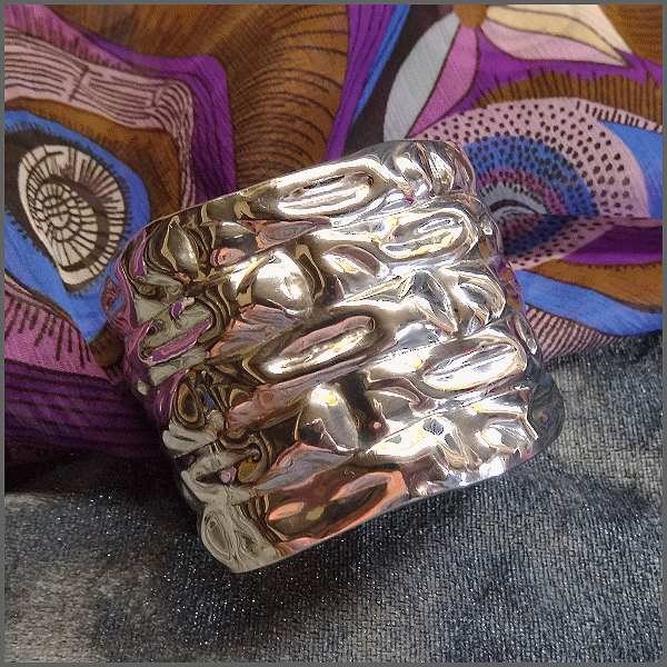 1980s Sterling Silver Crinkle Mosaic Wide Vintage Cuff Bracelet
