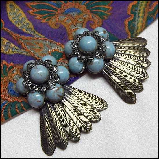 1930s Dress Clips Silver Brass Feather Turquoise Glass Pair