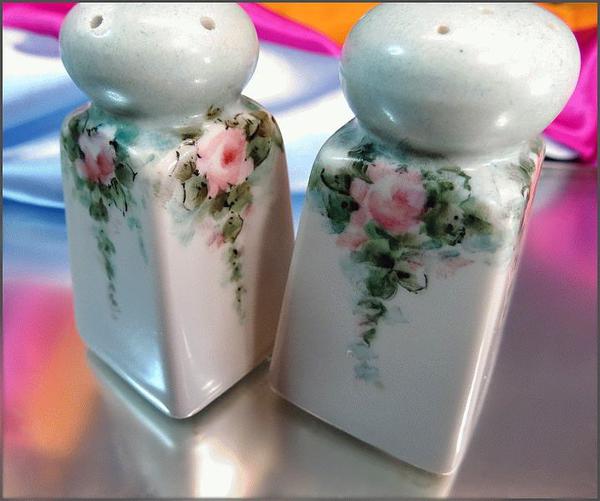 1930s Limoge Style Salt Pepper Set Hand Painted Porcelain