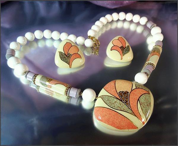 1970s Vintage Necklace w Earrings Porcelain Orchid Flower Set