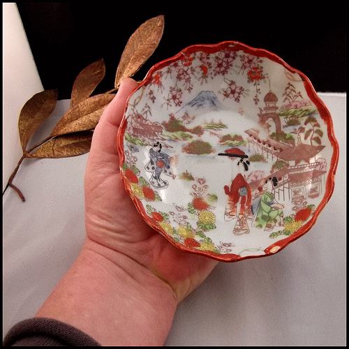 Early 1900s Antique Oriental Mt Fuji Geisha Porcelain HP Bowl