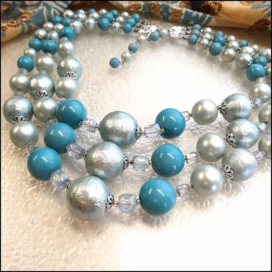 1950s Ice Blue Pearls w Crystals Triple Strand Vintage Necklace