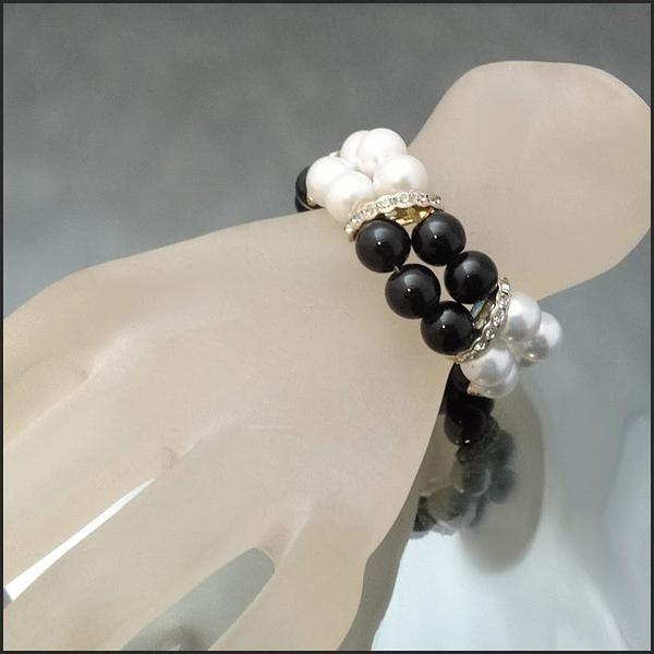 Pearl Bracelet Black n White w Rhinestone Bands