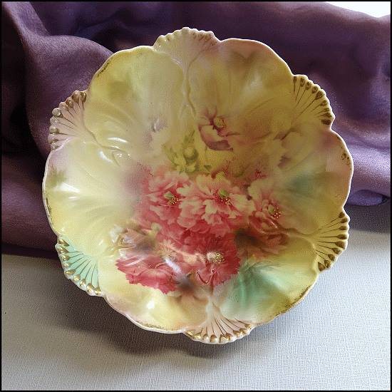 Antique RS Prussia Red Mark HP Porcelain Bowl Shell w Carnations