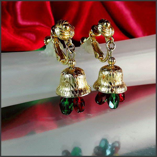 1960s Vintage Christmas Earrings Designer Rolled Gold Bells w Crystals