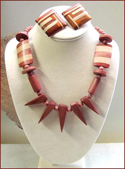 1980s Wood Bead Vintage Necklace w Earrings Teak Bamboo Mosaic Costa Rica