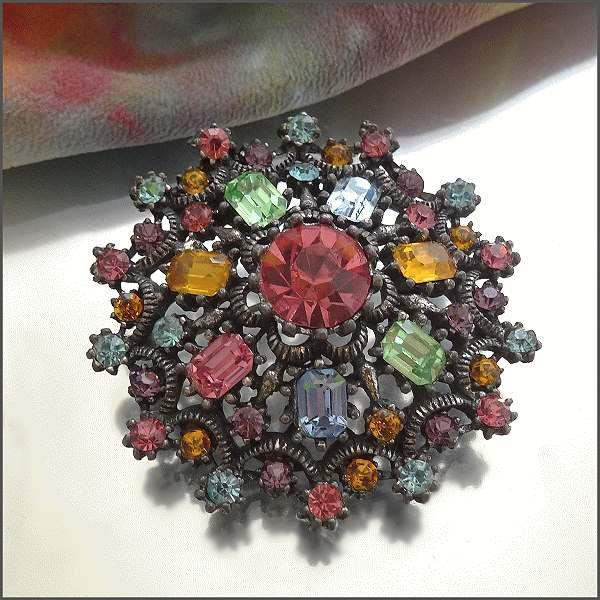 1950s Rare Signed CORO Pastel Jewel Rhinestone Vintage Brooch