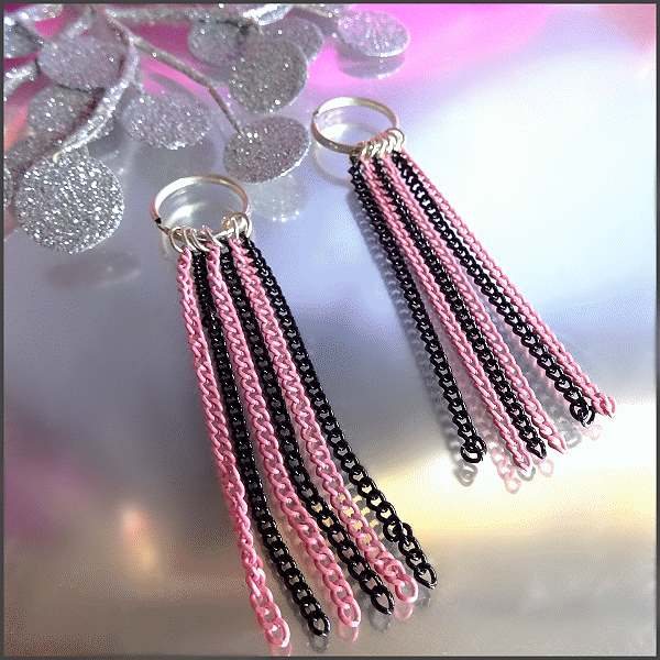 1970s Vintage Earrings Long Funky Pink n Black Pierced Chains 