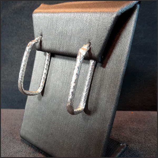 925 Sterling Silver Diamond Etched Rectangular Hoop Pierced Earrings