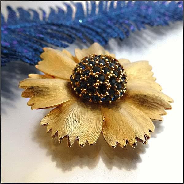 1950s Les Bernard Gold Flower Blue Rhinestone Vintage Brooch