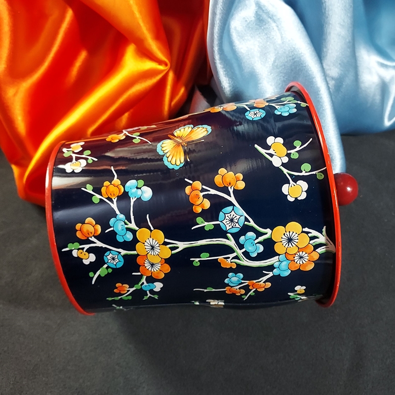 1960s Vintage English Tin Canister Oriental Butterfly Orange Blossoms