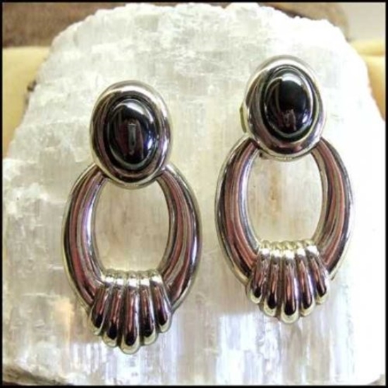 1970s Sterling Silver Hematite Hoops Pierced Vintage Earrings