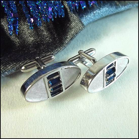 1950s Silver Orb Blue Crystal Signed Swank Vintage Cufflinks