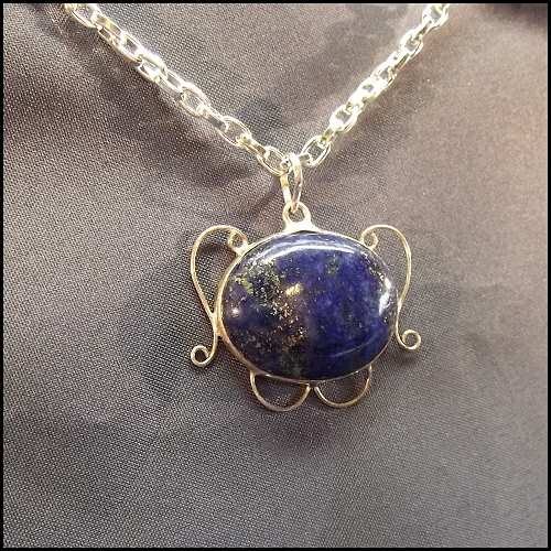 1970s Art Nouveau Style Lapis Lazuli Sterling Pendant Necklace