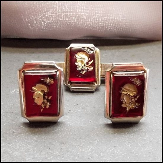 1950s Red Glass Warriors Vintage Cufflinks w Tie Clasp Set