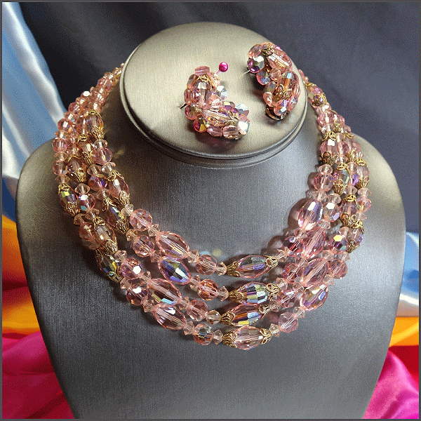 1950s Pink Austrian Crystal Necklace w Earrings Set Weiss Jewelry