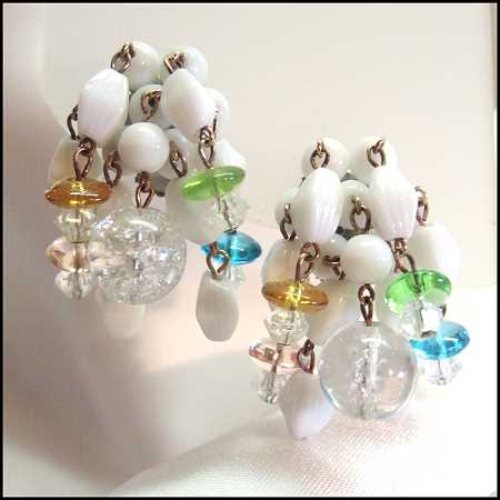 1950s Vintage Milk Glass Clip Earrings West Germany Pastel Glass Dangles