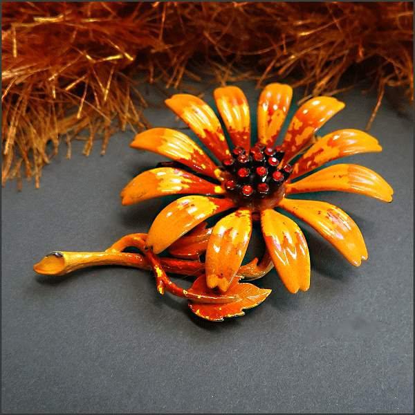 1960s Vintage Flower Brooch Orange w Tangerine Rhinestones Signed HEDY 
