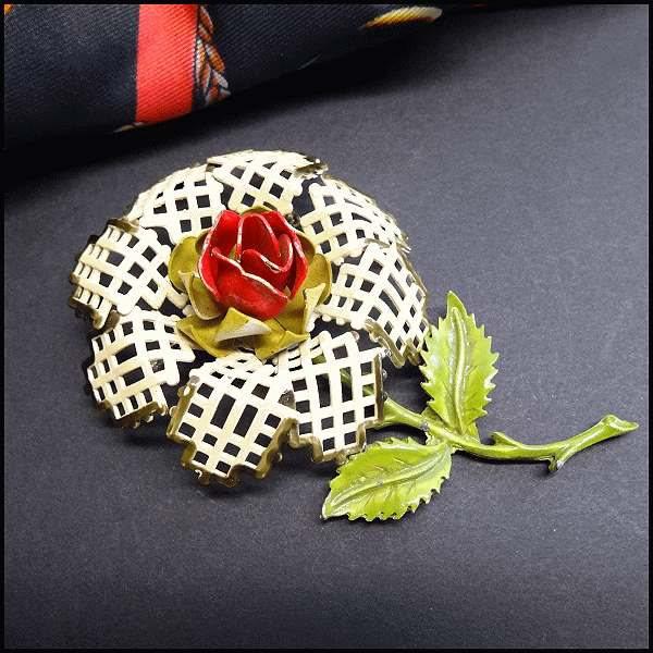 1940s Rare Vintage Brooch Big Metal Lattice Rose 