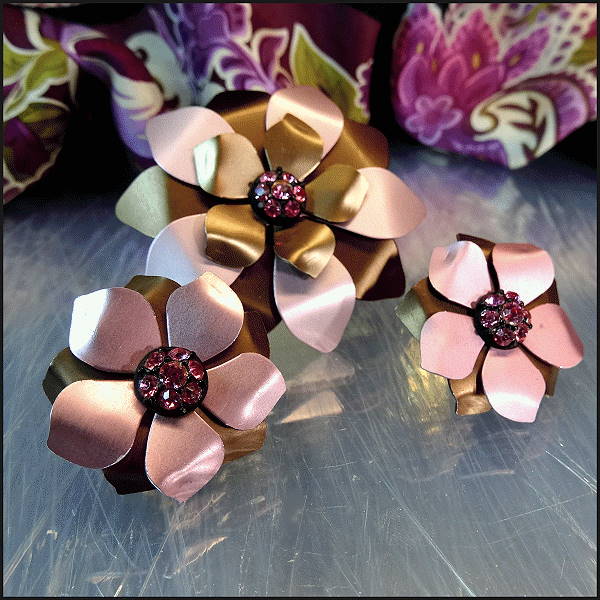 1960s German Satin Flower Pin w Earrings w Hot Pink Rhinestones