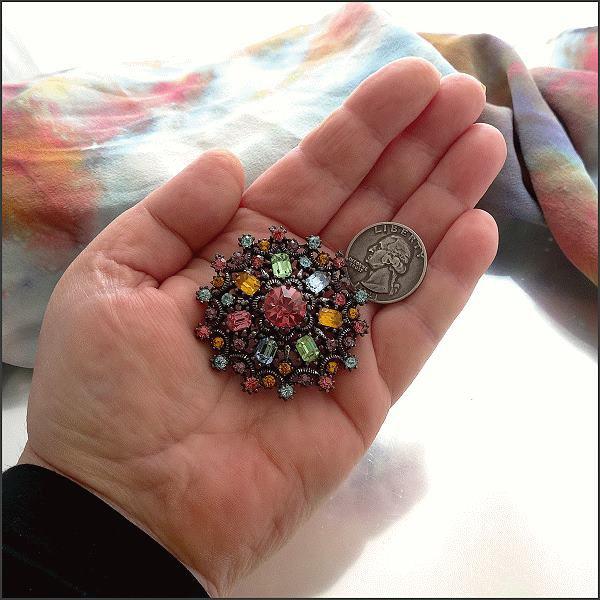 1950s Rare Signed CORO Pastel Jewel Rhinestone Vintage Brooch