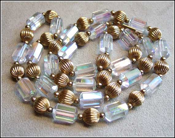 1940s Austrian Barrel Crystal Vintage Necklace w Gold Beads