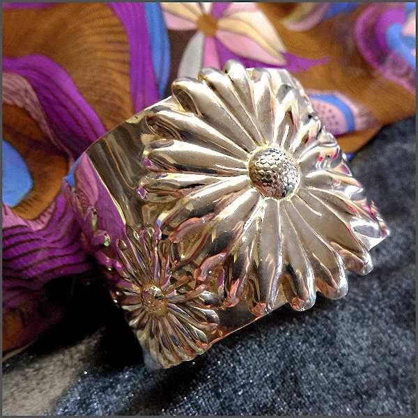 1980s Signed 925 Sterling Sunflower Wide Vintage Cuff Bracelet