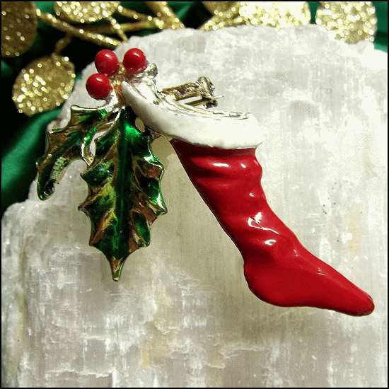 1960s Vintage Christmas Pin Red Holiday Stocking w Holly
