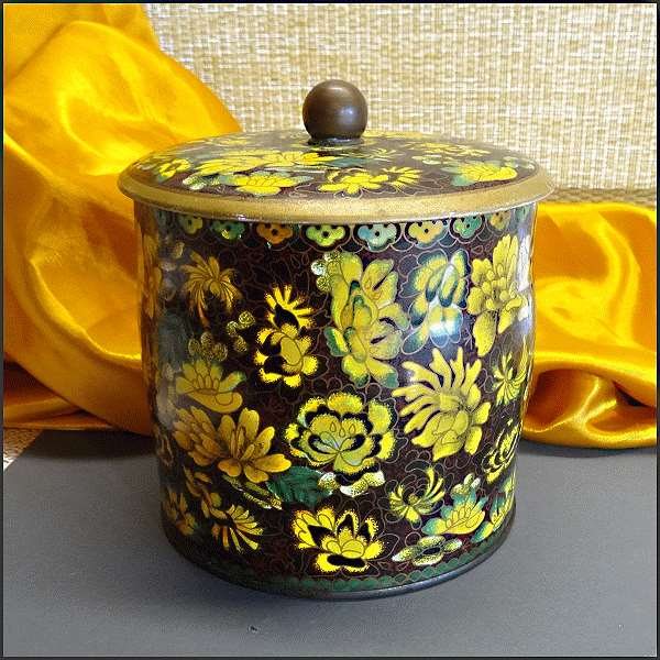 1950s Vintage Daher English Tin Canister Cloisonne Flowers