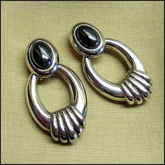 1970s Sterling Silver Hematite Hoops Pierced Vintage Earrings
