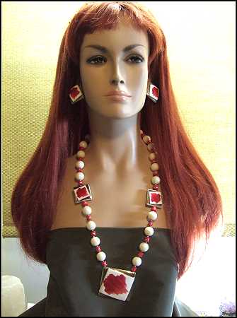 1980s Retro Vintage Necklace w Earrings Red White Gold Porcelain 