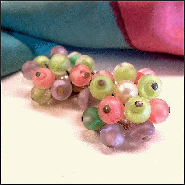 1950s Italian Vintage Clip Earrings Pastel Frosted Glass w Pearls
