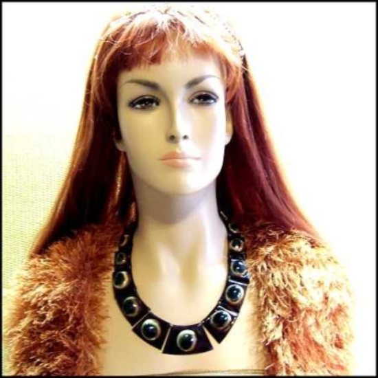 1930s Rare Art Deco Necklace Carved Tortoise Shell w Cats Eyes 