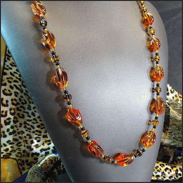1940s Tortoise Amber Glass Twist Necklace Neu Gablonz Jewelry