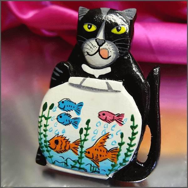 1980s Hand Painted Carved Wood Cool Vintage Cat Pin w Fish Bowl