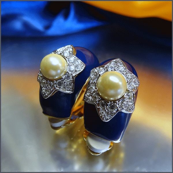 Designer Signed Elegant Navy Hoops w Crystals Cultured Pearl Vintage Clip Earrings