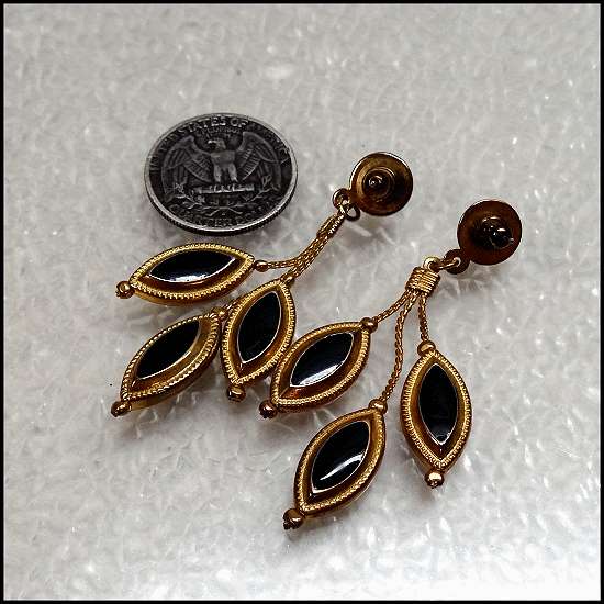1950s Gold Black Diamond Dangle Vintage Pierced Earrings