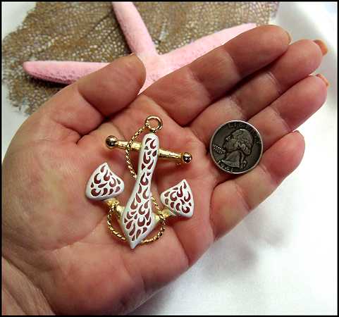 1960s Signed Jonet Big Gold n White Anchor Vintage Nautical Brooch or Pendant