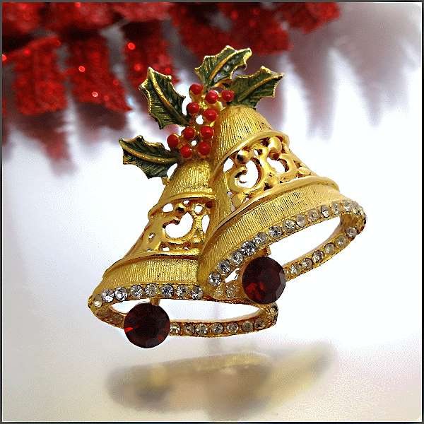 1950s Vintage Christmas Pin Gold Crystal Holiday Bell Brooch