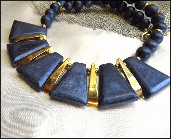 1970s Egyptian Revival Metallic Blue Wood Vintage Panel Necklace