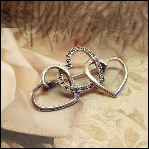 1940s Vintage Heart Pin Art Nouveau Style Sterling Silver w Marcasites 