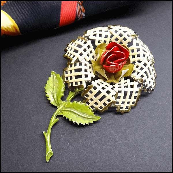 1940s Rare Vintage Brooch Big Metal Lattice Rose 