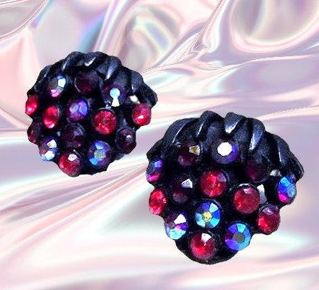 1950s Austrian Crystal Vintage Clip Earrings Petite Rhinestone Berries