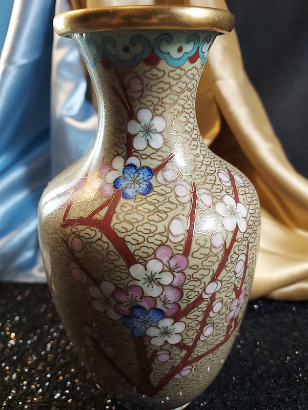 1960s Chinese Cloisonne Vase Cloud & Bird w Plum Blossoms