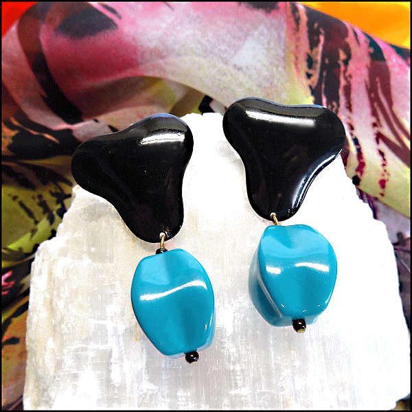 1960s Abstract Black n Turquoise Retro Vintage Pierced Earrings