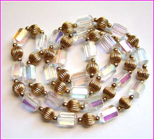 1940s Austrian Barrel Crystal Vintage Necklace w Gold Beads