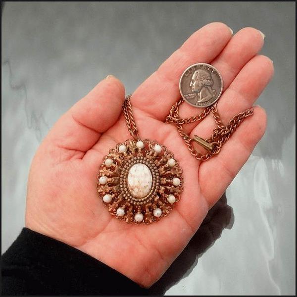 1950s Vintage Copper Pendant Necklace Lace Filigree w Goldstone Agate 