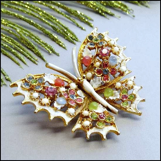 1960s Vintage Butterfly Brooch Pastel Moonstones Signed ART