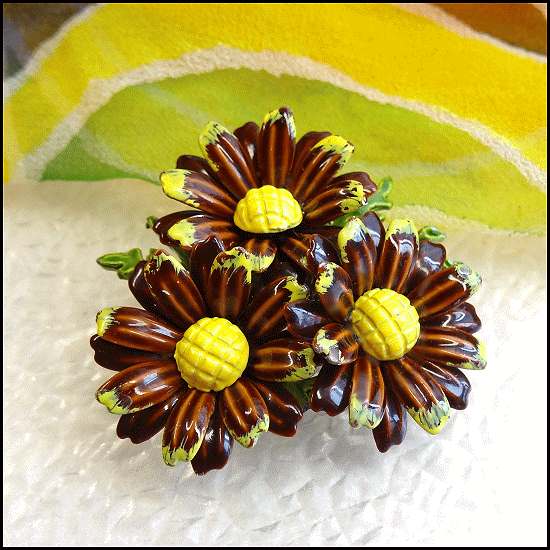 1960s Vintage Flower Pin Unique West Germans Yellow Brown Daisy Brooch