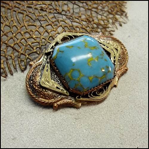 1930s Antique Italian Portuguese Turquoise Glass Brooch